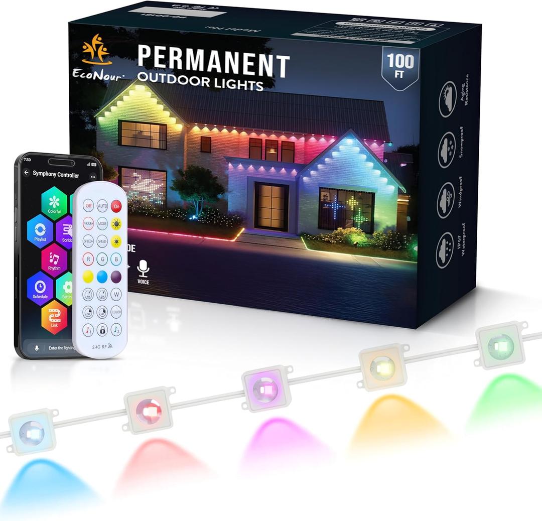 EcoNour 100 FT Smart RGB Permanent Outdoor Lights | Music Sync, Waterproof LED Eaves Lights with Extension Connector & Remote Control | Colorful RGB LED Christmas Light with Festive Lighting Effects