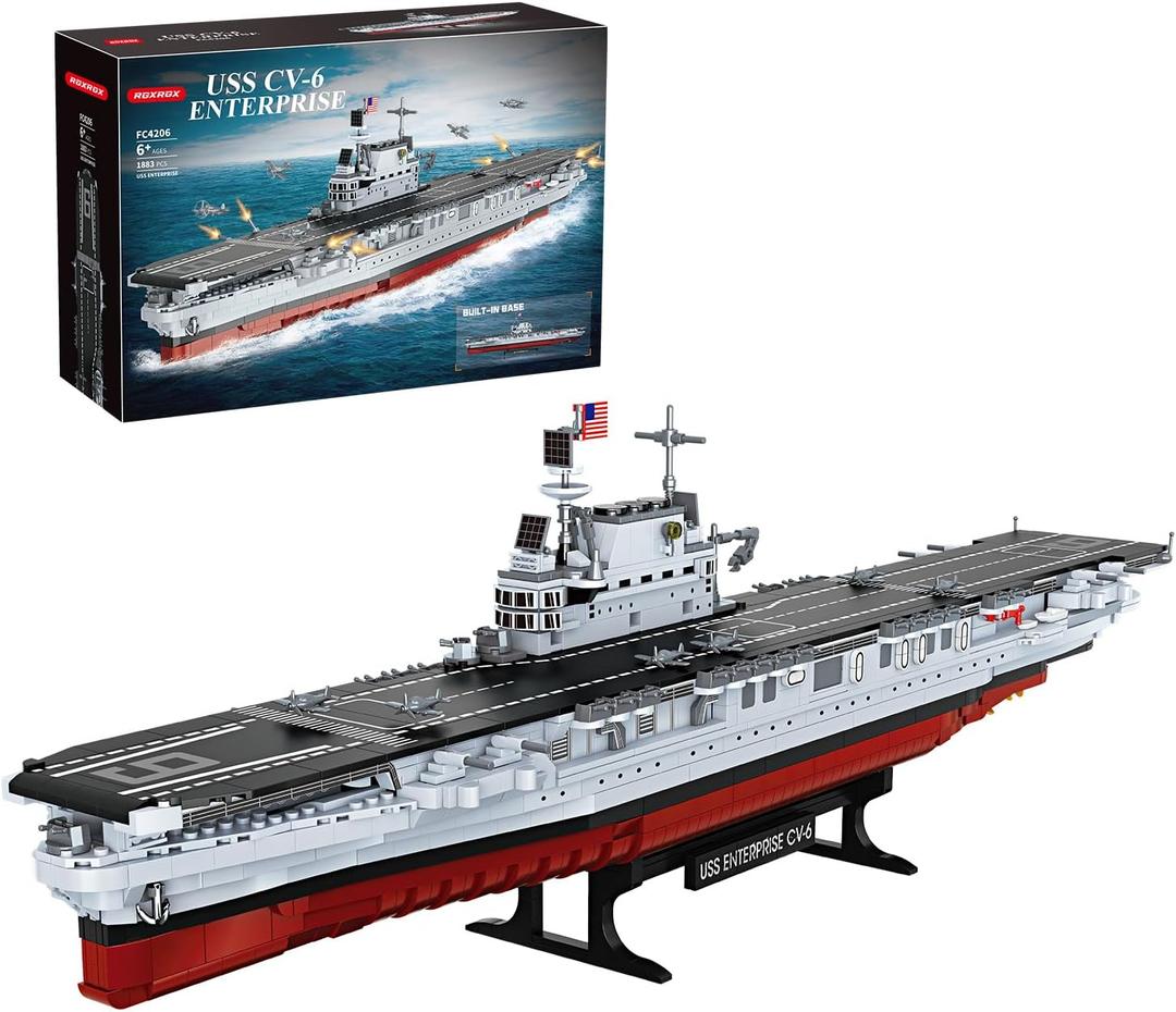 Military Series World War II Battleship Building Kit, 1883 Pieces World Class USS CV-6 Enterprise Compatible with Lego Army Set for Adults WW2, Toy Gift Boat Building Block Kids 8-12 Model Home Decor