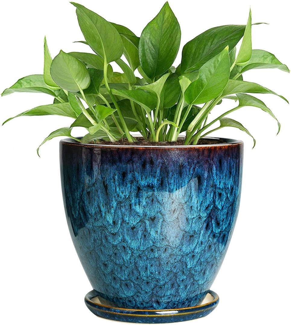 Ceramic Plant Pot, 6 Inch Ceramic Planter Pot with Drainage Hole and Saucer, Succulent Round Flower Pot for Indoor Plants Outdoor, Blue (Blue-glaze)