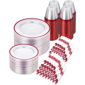 700PCS Red Plastic Plates, Clear Red Disposable Plastic Dinnerware Set for 100 Guests, 200 Plastic Plates, 100 Cups, 100 Pre-Rolled Napkins with Cutlery for Party, Christmas, Birthday, Wedding