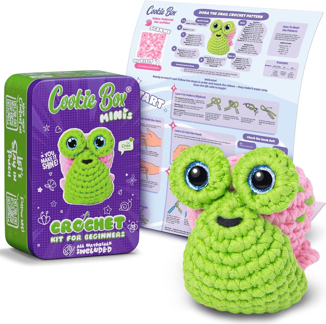 Cookie Box MINIs Crochet Kit for Beginners  Gift Set to Make Snail Dora Amigurumi Plushie  Easy DIY Crochet & Knitting Starter Kit with Printed Instructions & Step-by-Step Video Tutorial (Green and Pink)
