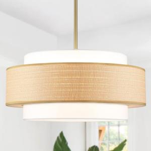 Rattan Large Drum Chandeliers, 23.6 Inch Chandelier for Dining Room 5-Lights Lamp Shape 3-Tier Light Fixtures with White Fabric Hanging Lighting for Entryway Kitchen Island Foyer Bedroom
