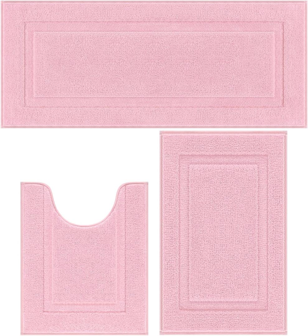 SHACOS Pink Bathroom Rugs Sets 3 Piece, 20"x47" + 20"x32" Non Slip Bath Mat and 20"x24" Toilet Rugs U Shaped Washable, Soft Fluffy Water Absorbent Bathroom Floor Mat