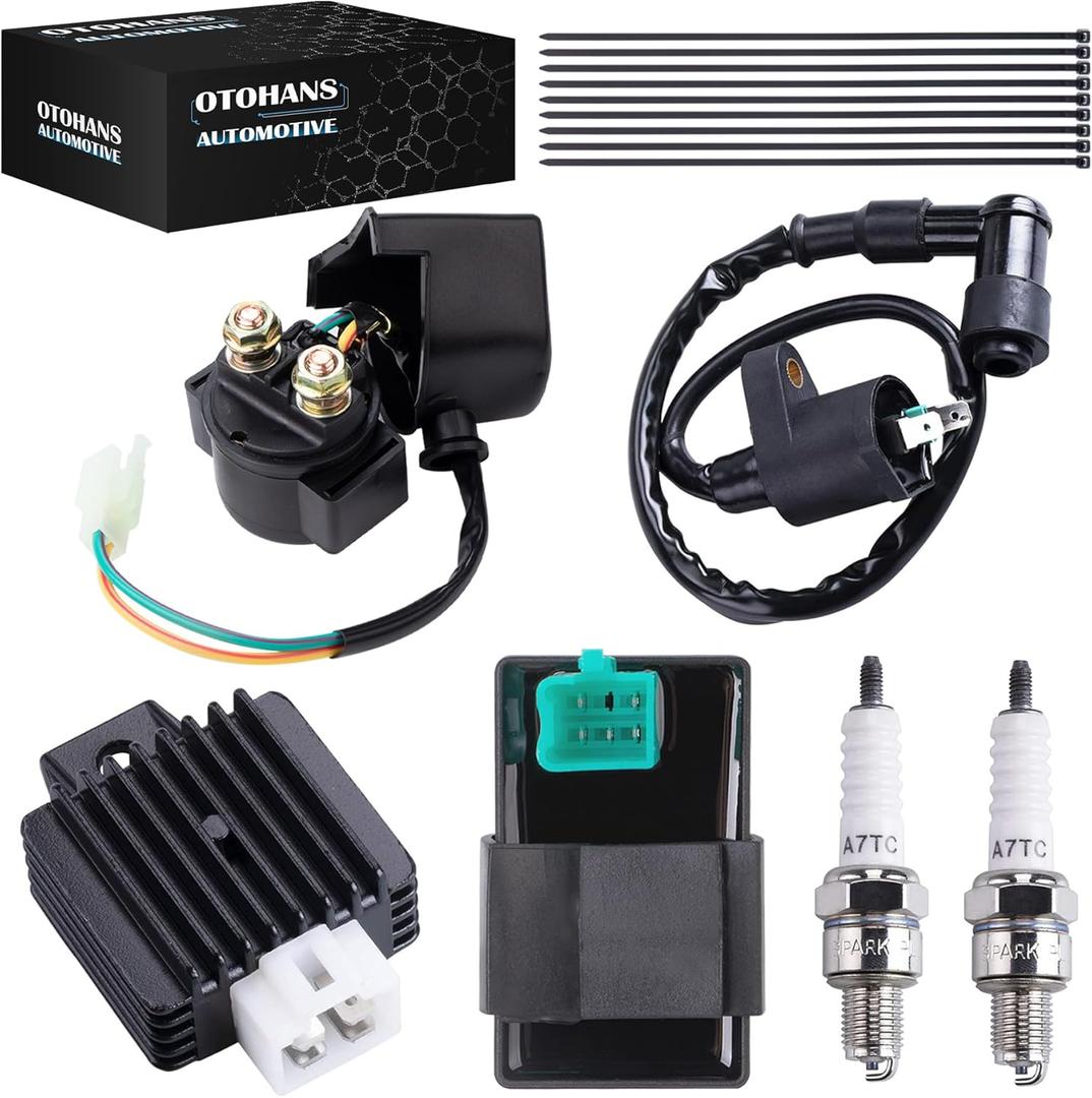 Ignition Coil 5-PIN CDI Box Solenoid 4-PIN Relay Voltage Regulator Spark Plug Kit Compatible with 50cc 70cc 90cc 110cc 125cc ATV Chinese Go Kart Dirt Bike Pit Bike TaoTao Moped Scooter Parts