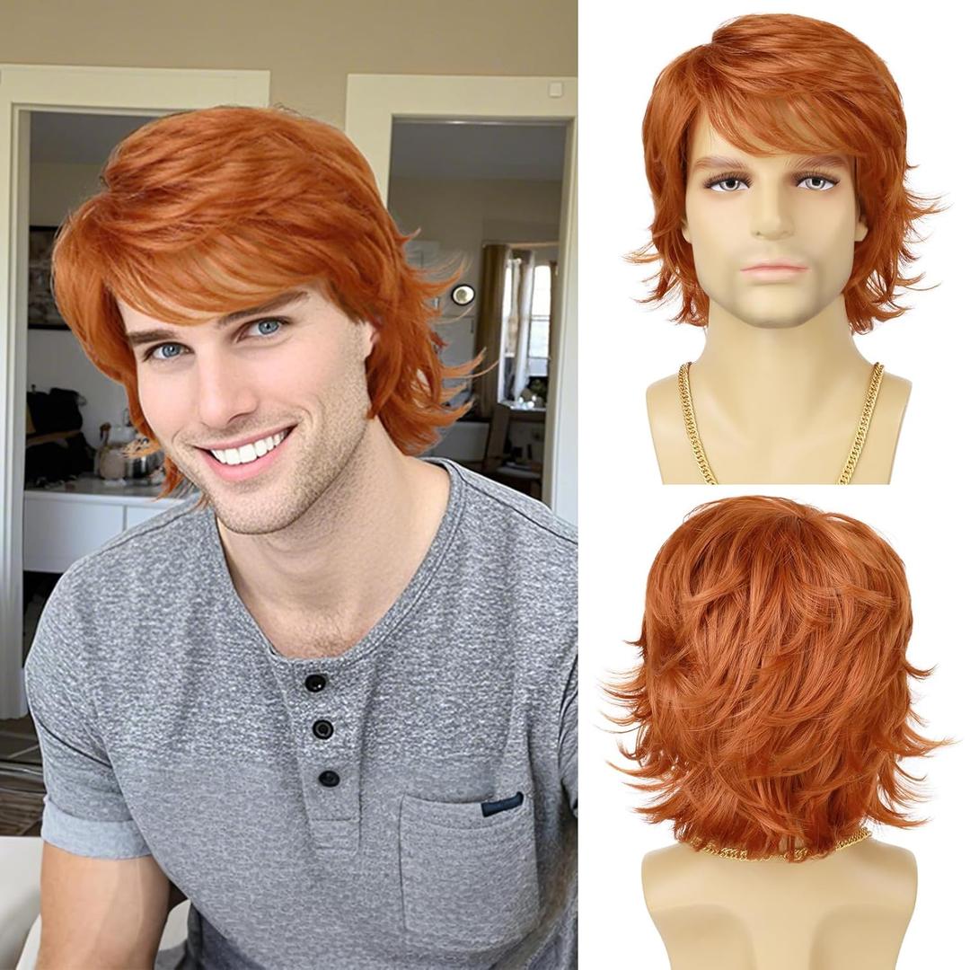 Mens Wig Short Orange Layered Heat Resistant Synthetic Wigs for Male Daily Party Cosplay Costume Halloween Use (Ginger Orange)