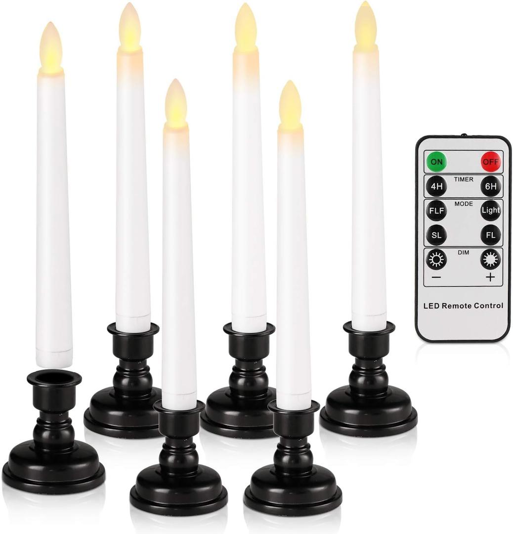 FREEPOWER Set of 6 Flameless Window Taper Candles with 6PCS Black Base, Battery Operated FlickeringTaper Candle with Remote and 4H/6H Timer,for Christmas Home Wedding Decor..