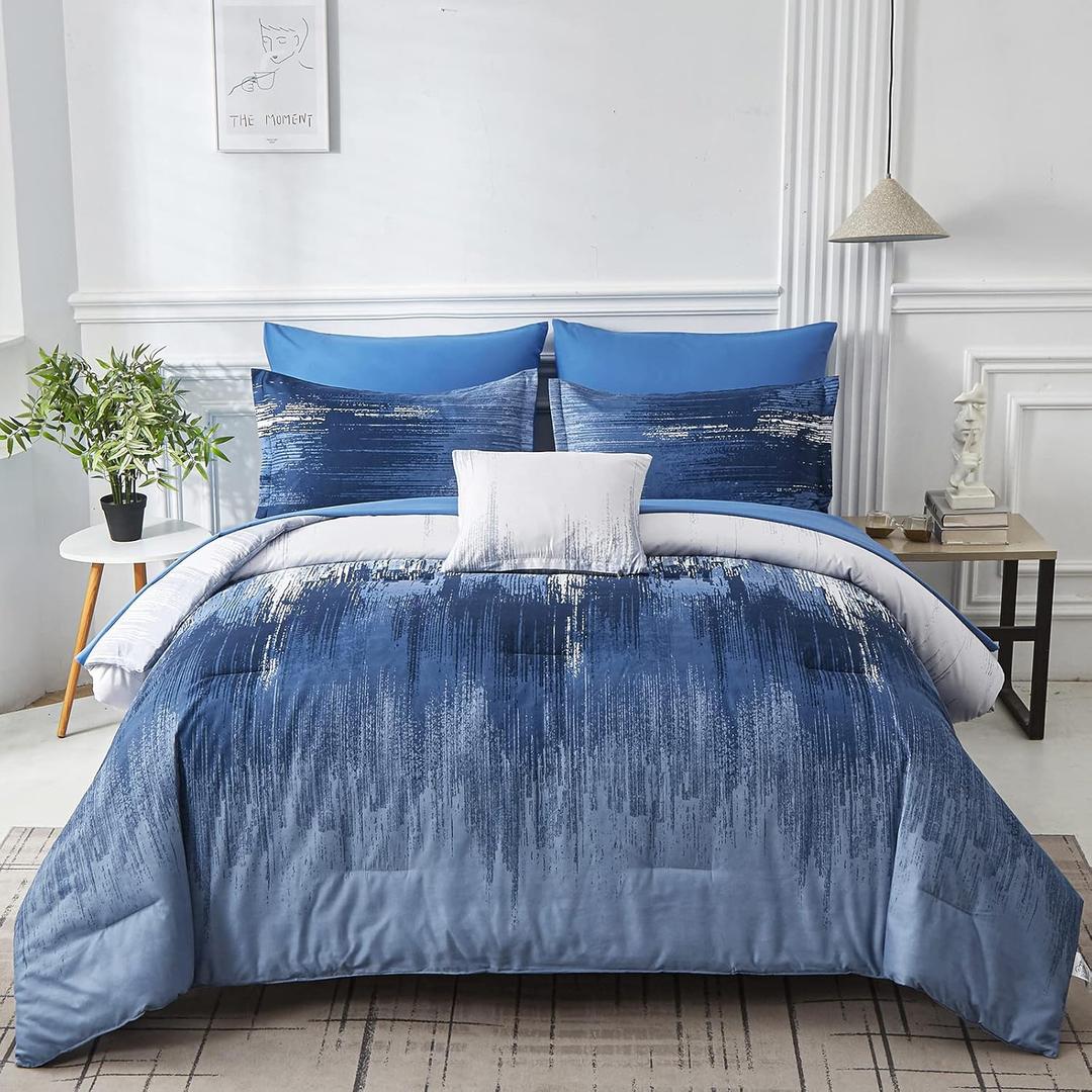 Ombre Blue Comforter Set Queen Size Reversible Gradient Blue Grey Boho Bedding Set for Men Women 8 Pieces Bed in A Bag Bohemian Bed Set With Comforter, Sheets, Pillowcases & Shams, Cushion Cover