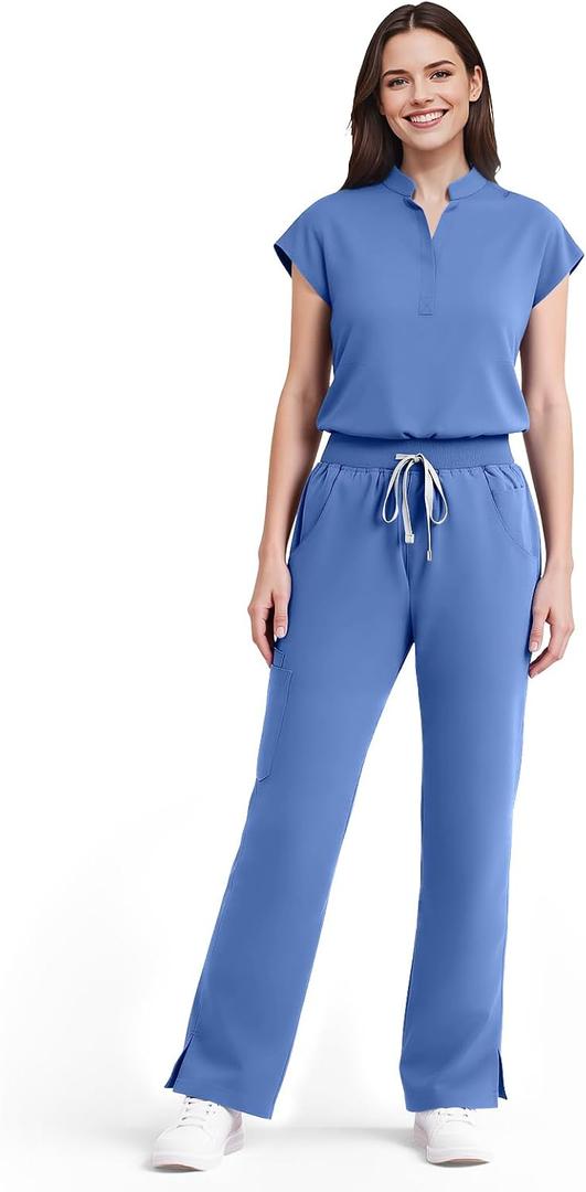 Scrubs for Women Set Soft Sleeveless Stand-Up Collar Scrub Top & Straight Leg Scrub Pant, 9 Pockets, Yoga Waistband, XL