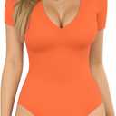 MANGOPOP V Neck Bodysuits for Women Short Sleeve Body Suits Basic Top Casual Shirt , XX-Large, Orange