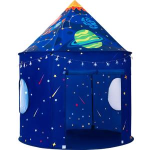 Rocket Space Ship Play Tent for Kids with Star Lights, Astronaut Themed Pop-Up Playhouse for Indoor & Outdoor, Foldable Space Adventure Gift for Boys and Girls