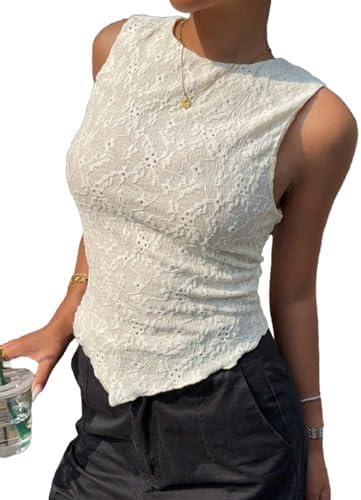 Milumia Women's Eyelet Embroidery Asymmetrical Hem Tank Top Round Neck Sleeveless Casual Summer Shirts Size M