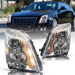 JSBOYAT Projector Headlight Assembly Replacement Compatible with 2008-2014 Cadillac CTS 2-Door Coupe/Sedan/Wagon Driver and Passenger Side Signal and Side Mark Light Included, Not for HID/Xenon Model (Chrome Housing & Amber Reflector)