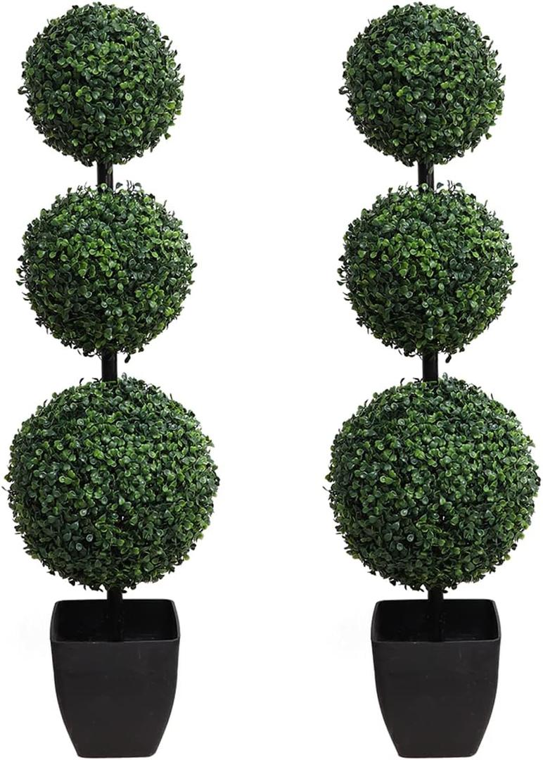 momoplant Artificial Topiaries Ball Tree Outdoor, 3.3ft Fake Topiary Triple Ball Boxwood Trees(2 Pieces), Faux Shrubs Plants Potted Green Decorative Indoor Porch or Garden40inch