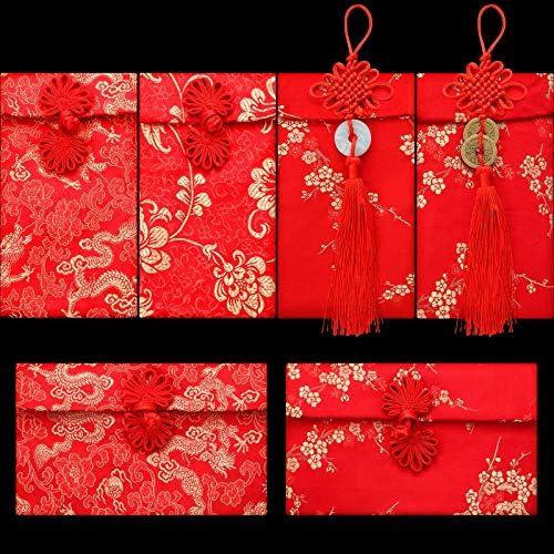 Shappy 6 Pieces Silk Red Envelope 2026 Chinese New Year Red Money Envelopes Hong Bao Card Pocket with Chinese Knot Copper Coin Lucky Money for Spring Festival Wedding(Traditional Style)
