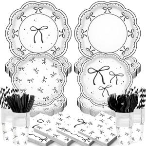 168PCS Black White Bow Birthday Party Decorations Paper Plates Napkins Cups Forks Knifes Tableware Set Bowknot Themed Supplies Bachelorette Wedding Bridal Shower Decor Serve 24 Guests
