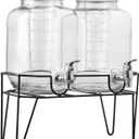 Style Setter Clifford Set of 2 Beverage Dispensers with Infuser & Metal Stand, Silver Lid, Cold Drink w/ 1 Gallon Capacity Glass Jug and Acrylic Spigot