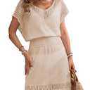 Wander Agio Women's Tops Sexy Knit Cover Dresses Bikini Cover-up V-Neck Adjustable Belt Coverups Shoulder Net Hole Light Weight Short Skirt Dark Beige 6