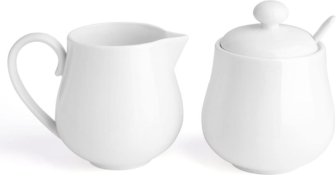 Sweese 12 Ounce Porcelain Sugar and Creamer Set, Coffee Serving Set, 3 Piece with Cream Pitcher, Sugar Bowl with Lid and Spoon, White - 480.101