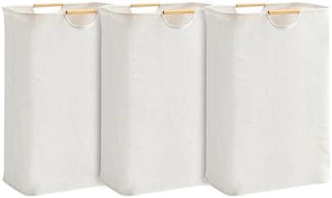 3-Pack 65L Collapsible Laundry Basket with Wooden Handles, Ideal for Tidying Clothes, Blankets and Toys,Laundry Hamper Perfect for Bedroom, Bathroom, and Living Room Organization (Solid Color Set)