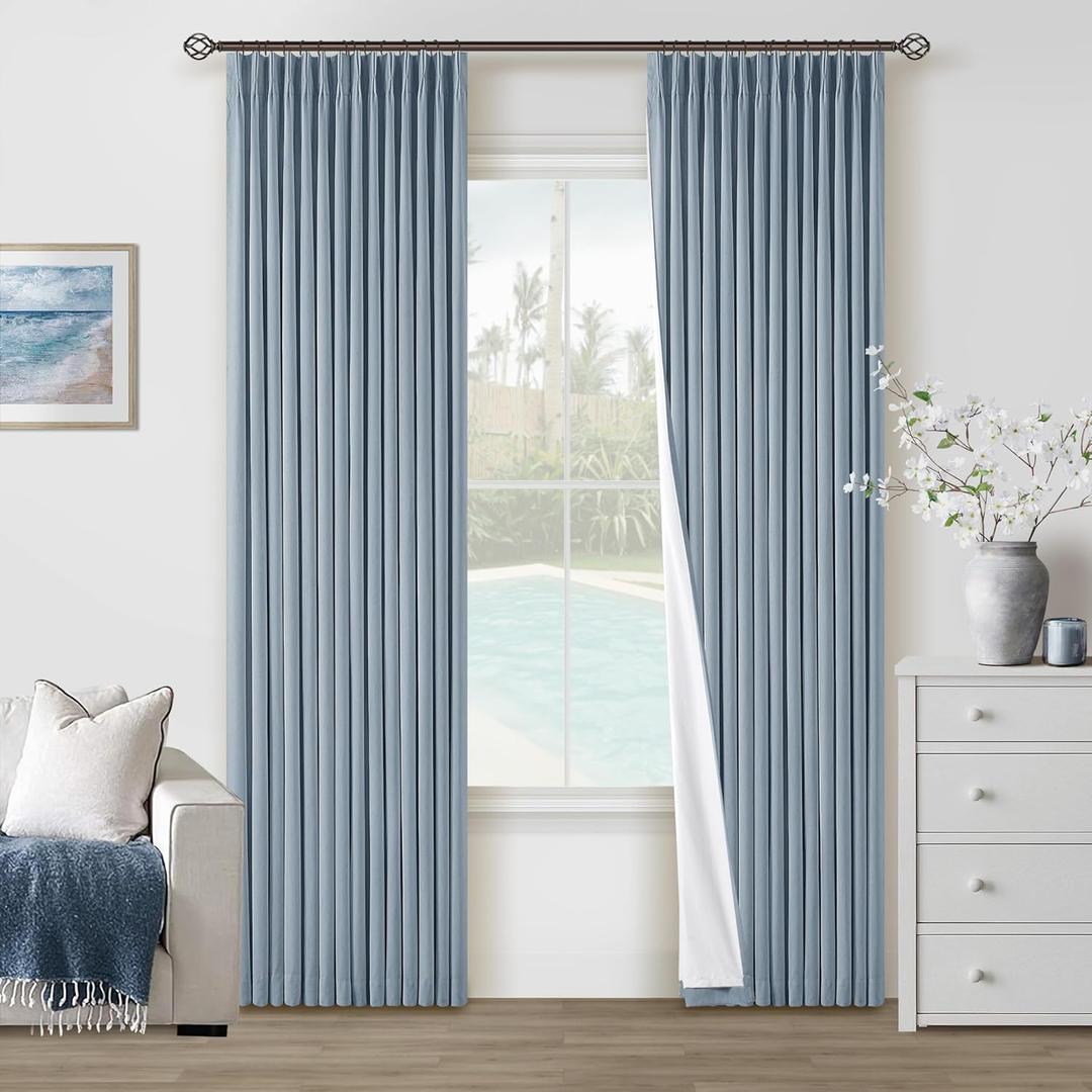 Dusty Blue Pinch Pleated 100% Blackout Linen Curtains for Bedroom 84 Inch Length Room Darkening with Liner Light Blue Window Curtains 84 Inches Long for Living Room Black Out Pleat Drapes Back Tab