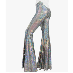 Womens Sequin Flare Pant Sparkly High Waisted Leg Bell Bottom Glitter Trousers Night Out Clubwear, S