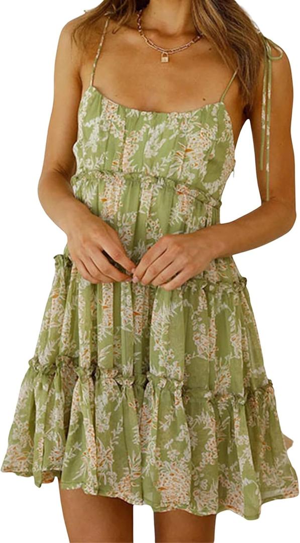 Mansy Womens 2025 Summer Floral Mini Dress Boho Flowy Skater Dresses Short Sleeveless Ruffle Spaghetti Strap Dress (X-Large, Green Flower)