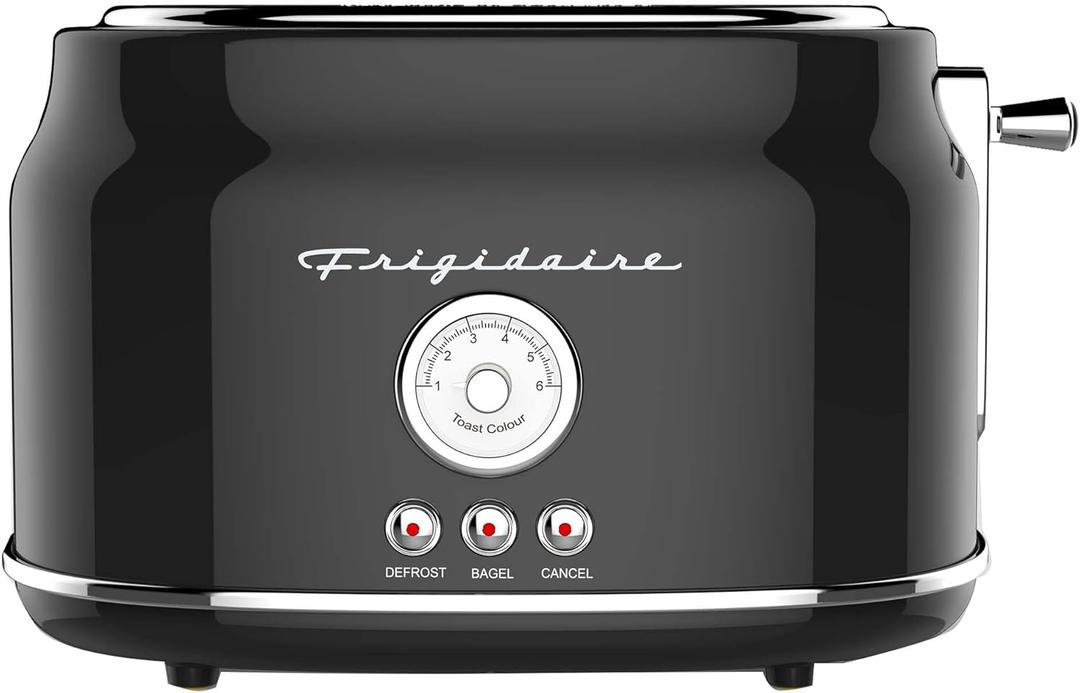FRIGIDAIRE 2 Slice Toaster, Retro Style, Wide Slot for Bread, English Muffins, Croissants, and Bagels, 6 Adjustable Toast Settings, Cancel and Defrost, 900w, Black