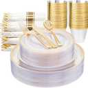 WELLIFE 350PCS Clear-Gold Plastic Plates - 100 Disposable Plates, 150Plastic Silverware, 50 Cups, 50 Napkins for Wedding & Party