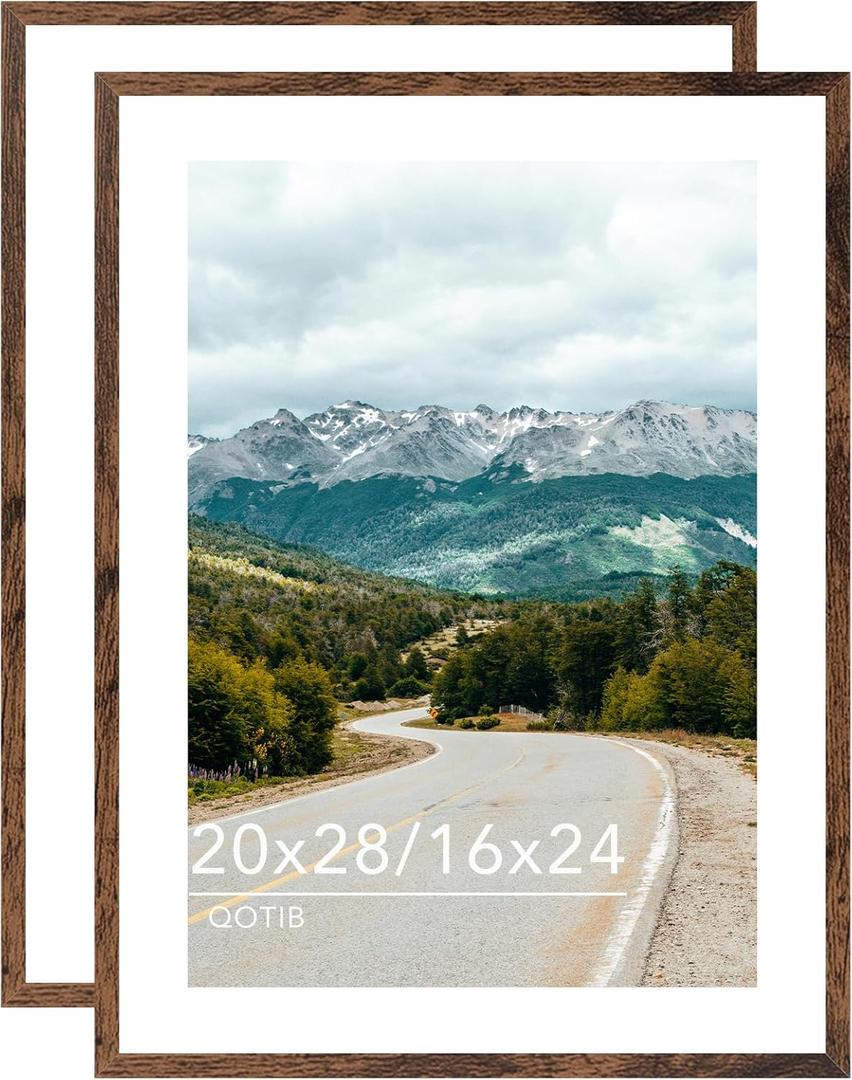 Wood 20x28 Picture Frame with 16x24 Mat, Display 16x24 with Mat or 20x28 Without Mat, Wood 20 by 28 Photo Frame, 20 x 28 Frame for Wall Hanging Display, Deep Brown, 2 Pack