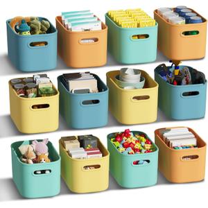ORGIDOL 12 Pack Colorful Plastic Storage Bins, Storage Container for Organizing, Colored Storage Boxes with Handle for Shelves, Cute Organizer Bins for Craft, Snacks, Cabinet, 9.69x6.7x5.7 inch