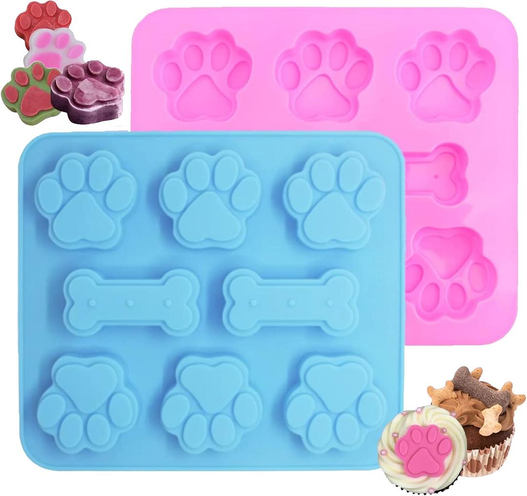 2 Pack Silicone Molds - Puppy Dog Paw & Dog Bone Shapes for Baking Chocolate, Candy, Jelly, Ice Cube Treats (Blue and Pink)
