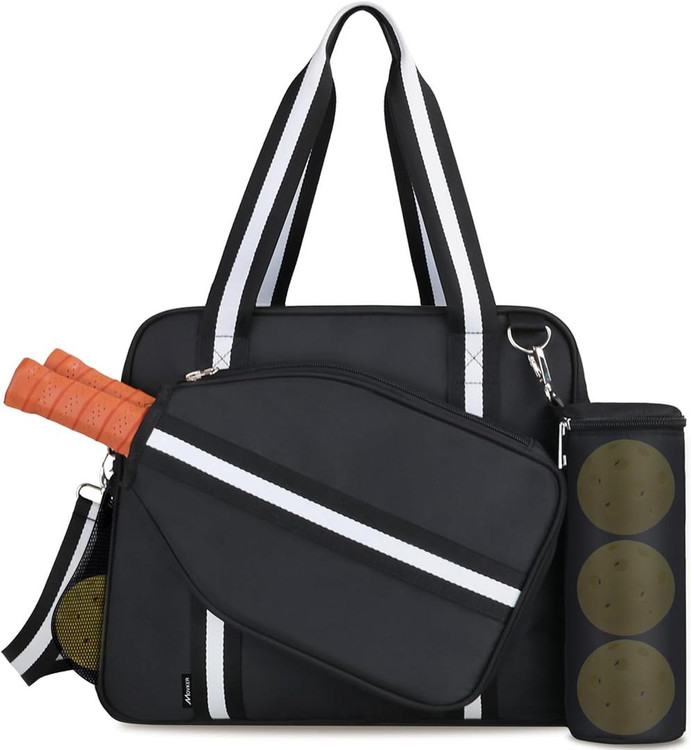 Pickleball Tote Bag for Women Men with Paddle Cover Pocket External Ball Bag and Adjustable Shoulder Strap Fence Hook (Black)