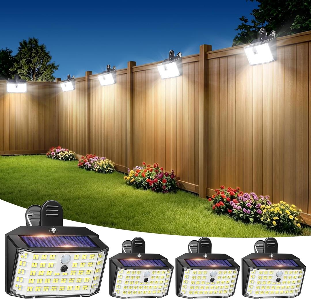 LUHLEE 176LED Clip on Solar Lights Outdoor, 800LM Solar Motion Lights Outdoor with 180 Wide Angle, IP65 Waterproof Portable Solar Fence Lights Outdoor for Fence, Gutter, Garden, Camping, Patio 4Pack