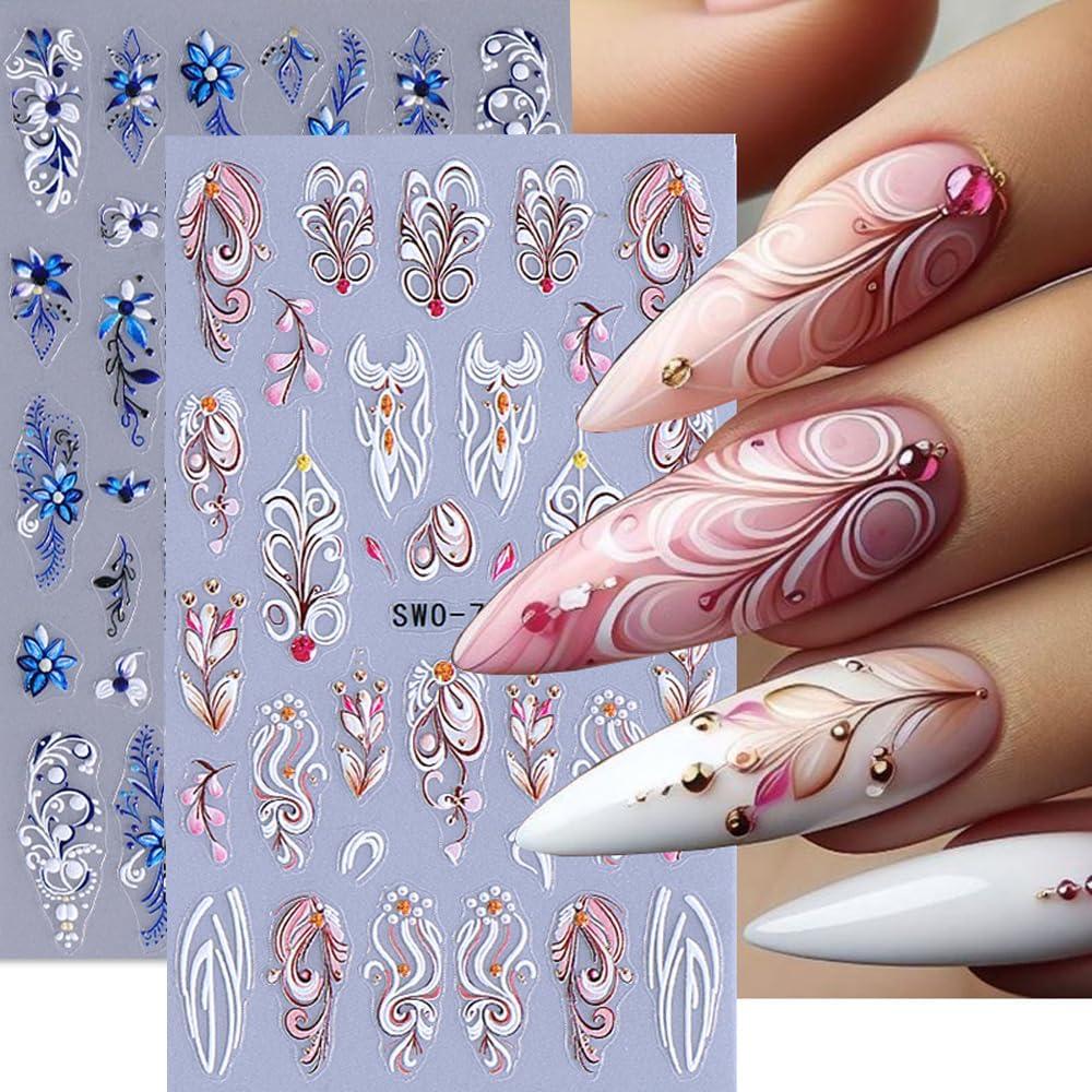 Classical Flower Nail Stickers for Nail Art - Spring Nail Decals Pink Blue Floral Nail Art Stickers 3D Self-Adhesive Nail Supplies DIY Flowers Manicure Decoration for Women 2Pcs