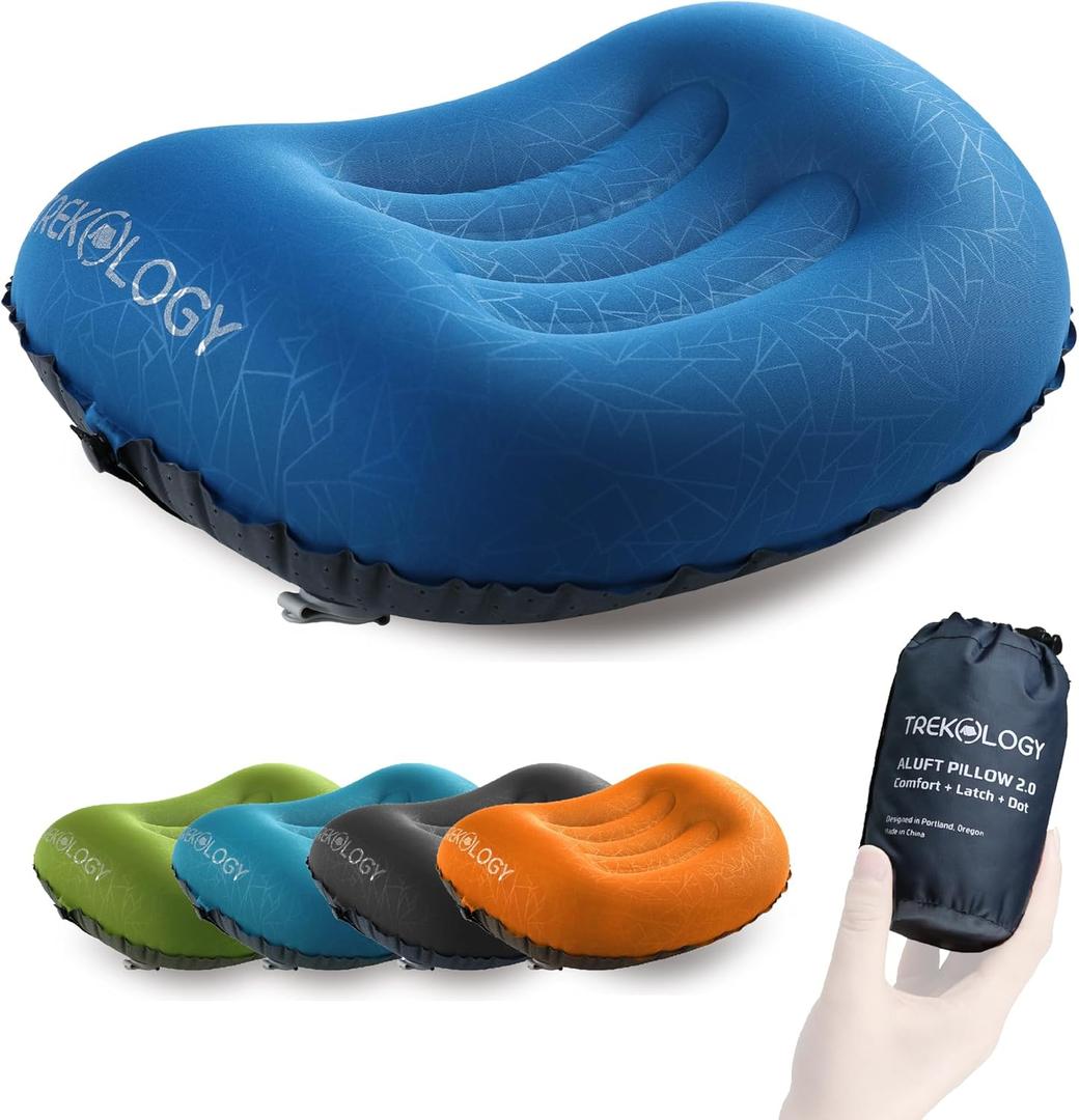 TREKOLOGY Ultralight Inflatable Camping Travel Pillow - ALUFT 2.0 Compressible, Compact, Comfortable, Ergonomic Inflating Pillows for Neck & Lumbar Support While Camp, Hiking, Backpacking (Navy Blue)