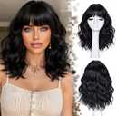 Short Wavy Wig with Bangs for Women Black Curly Wigs Natural Wavy Synthetic Wigs for Daily Party Cosplay 14inch