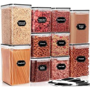 PRAKI Large Airtight Food Storage Containers with Lids, 10PCS Plastic Cereal Storage Containers, Kitchen & Pantry Organizers and Storage for Sugar, Flour, Baking Supplies with Lables & Mark (Clear)