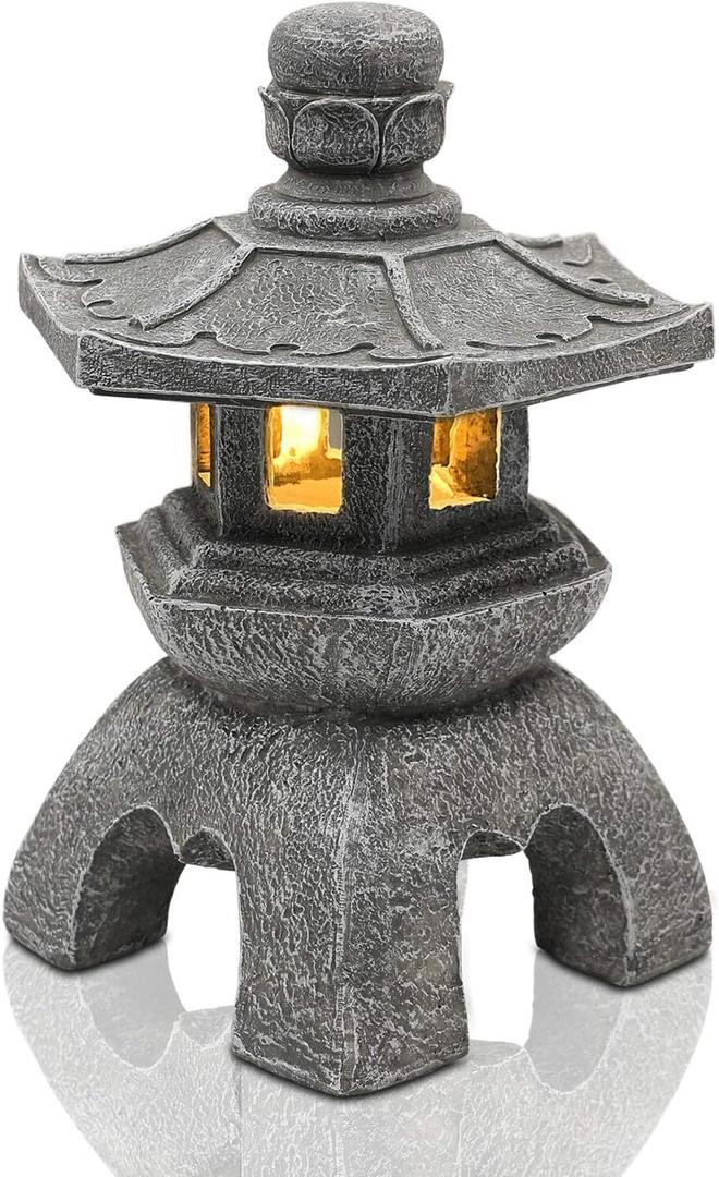 Nacome Solar Pagoda Lantern Garden Statue,Indoor/Outdoor Zen Asian Decor for Landscape Balcony,Garden,Patio,Porch Yard Art Ornament,Polyresin, Stone Finish (Gray)
