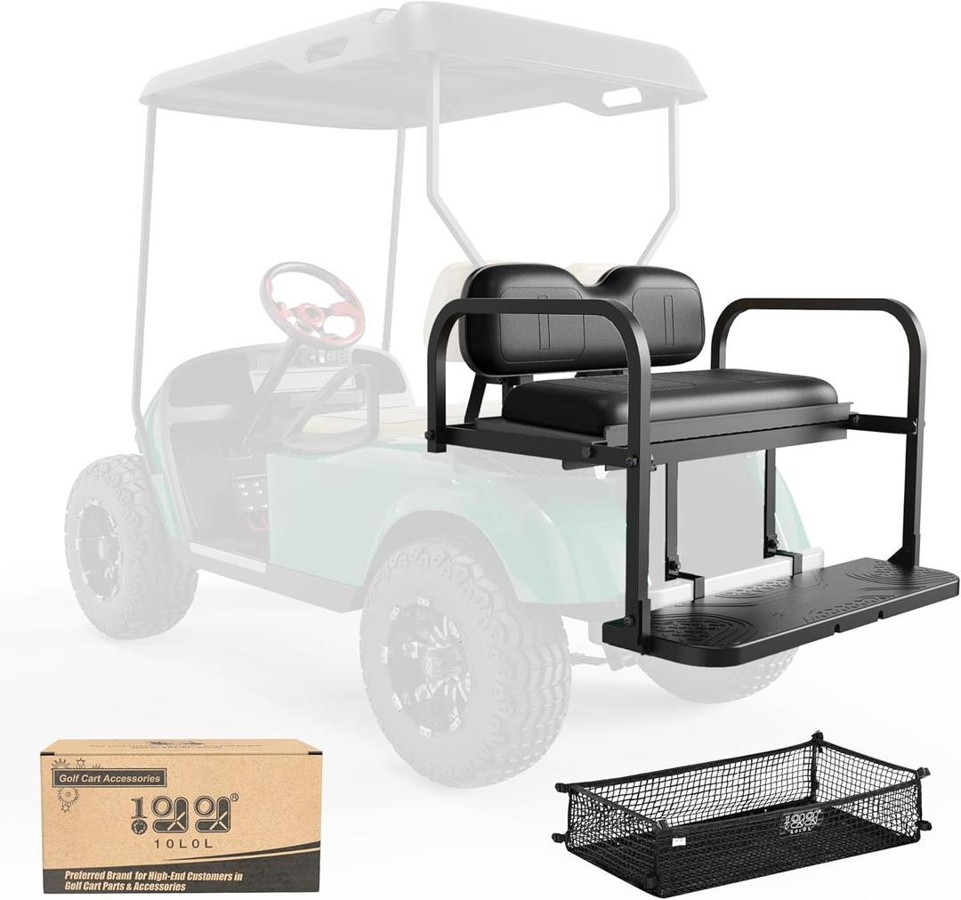 10L0L Golf Cart Rear Flip Folding Back Seat Kit for EZGO TXT Freedom 1995-Up, Deluxe Rear Seat Assembly Roof Support with Cargo Net Leather Cushion and Back Cushion Set (Black)