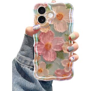 Jusy Case for iPhone 17, Colorful Retro Oil Painting Printed Flower Laser Blue Glossy Pattern Cute Curly Wave Phone Case Soft TPU Cover for Girly Women -Green (Green Without Bracelet)