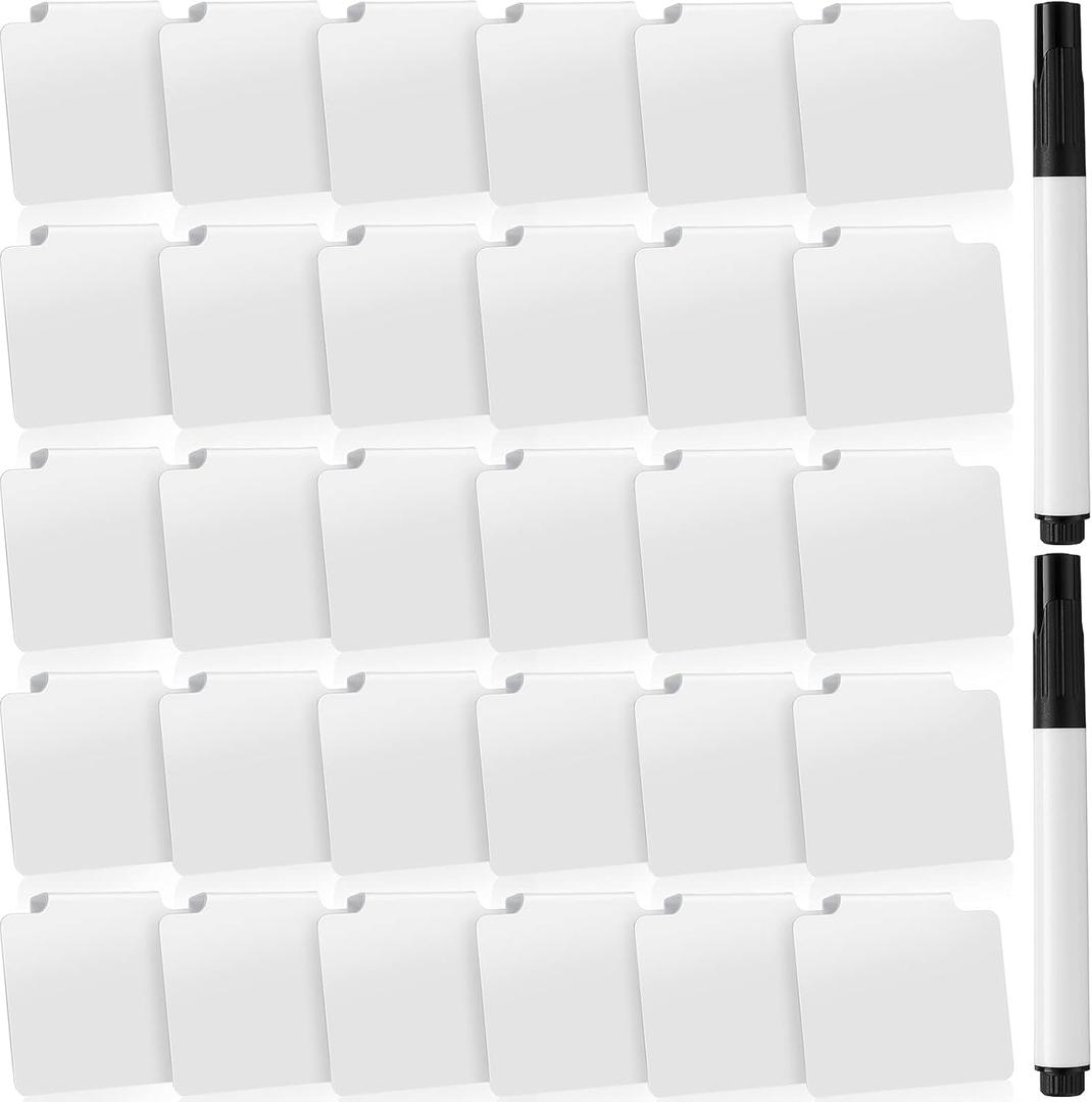 32 Pieces Basket Labels Clip Set, Include 30 Kitchen Clip Label Holder Removable PVC Bin with 2 Chalk Marker for Basket Pantry Organization Box (White Label Clip, Black Pen)