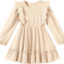 Kionio Toddler Baby Girl Dress Girls Sweater Dresses Ruffle Ribbed Knit Long Sleeve Swing Fall Winter Clothes Christmas (18-24 Months, A Line Light Apricot)