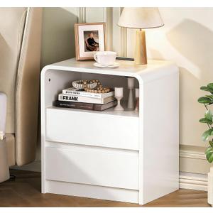 Modern Night Stand with Charging Station, 25" Tall Wood Nightstand Bedside Table with 2 Drawers & USB Ports, Mid-Century End Table for Bedroom (1, White Smooth, 2 Drawers)