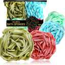Loofah Sponge 70g, Large Exfoliating Flower Bath Sponge, Soft Durable PE Mesh with Reinforced Knotting, Rich Lather Bath Scrubber for Body, for Travel or as a Holiday Gift (4Pack, Green, Red, Blue)