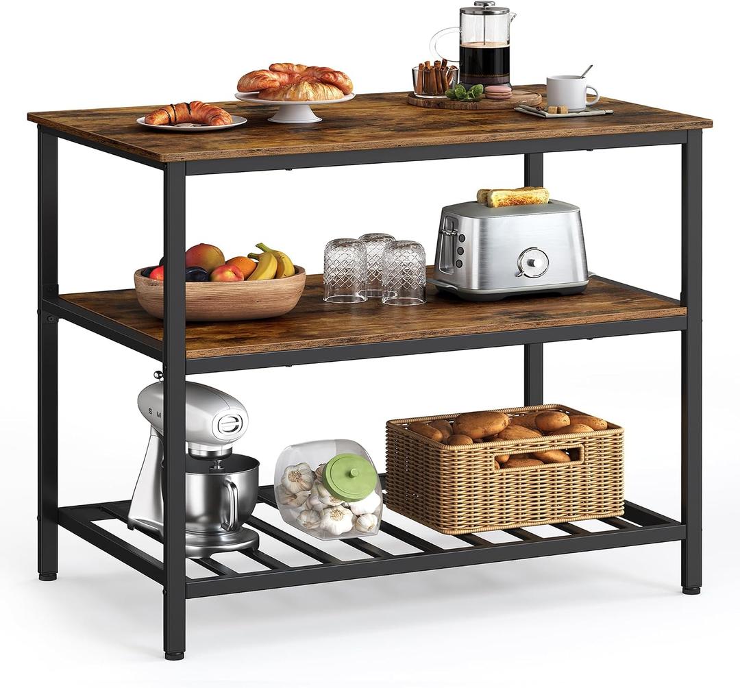 VASAGLE Kitchen Island with 3 Shelves, 39.4 Inches Width Kitchen Shelf with Large Worktop, Stable Steel Structure, Industrial, Easy to Assemble, Rustic Brown and Black UKKI005B01, 39.4"W x 35.4"H