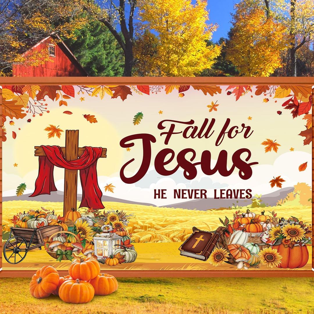 Fall for Jesus Banner Backdrop 8x6FT Autumn Thanksgiving He Never Leaves Decoration Background Pumpkin Maple Leaf Christian Religion Friendsgiving Party Supplies Photo Props