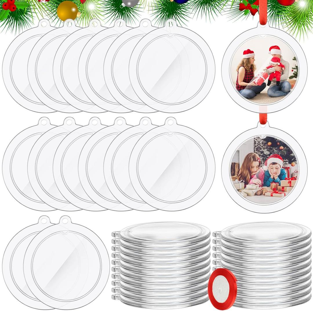 48 Pcs 2026 Christmas Clear Round Frame Ornaments with Red Ribbon, Acrylic Blank Round Photo Frame Bulk, Hanging Photo Ornaments for Christmas Tree Decoration (Classic Style)
