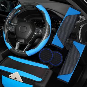 Hiseanllo 6PCS Blue Car Accessories Set, Carbon Fiber Microfiber Leather Steering Wheel Cover 14.5-15", Center Console Armrest Cover, Seat Belt Pads & Cup Holder Coasters, Universal Interior Decor