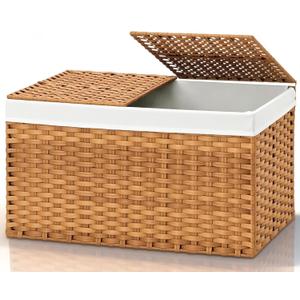 Storage Basket with Lid Foldable Rattan Woven Basket with 2 Separate Lids, 17.2 Gallon (65L), 22 13 13.8 Inches, with 1 Removable Liners & Side Handles, for Bedroom, Laundry, Natural
