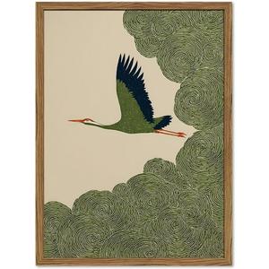 Japanese Crane Wall Art, Vintage Japan Bird Wall Decor Painting Rustic Green Flying Crane Poster Canvas Prints Picture for Bedroom Living Room Farmhouse 16x24 inch Wood Framed